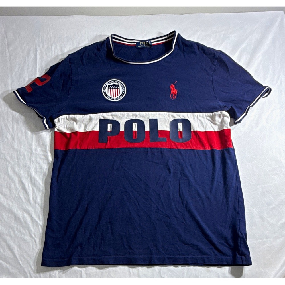 Polo Ralph Lauren Mens Colorblock USA Logo Patch Crew Neck Tee Shirt Blue Red M